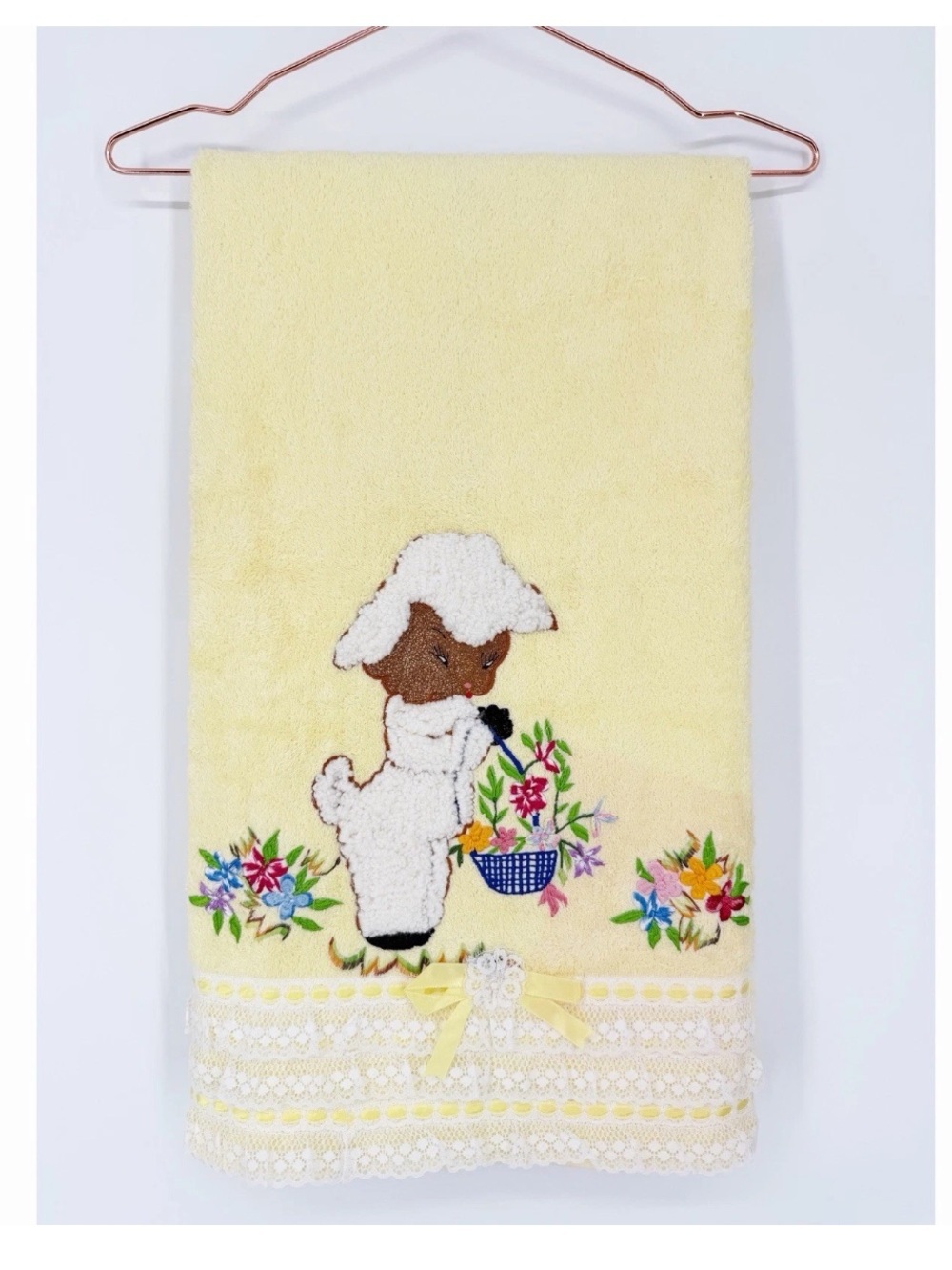 Vintage Lady Pepperell Cotton Yellow Bath Towel With Fluffy Lamb Floral Lace Bow